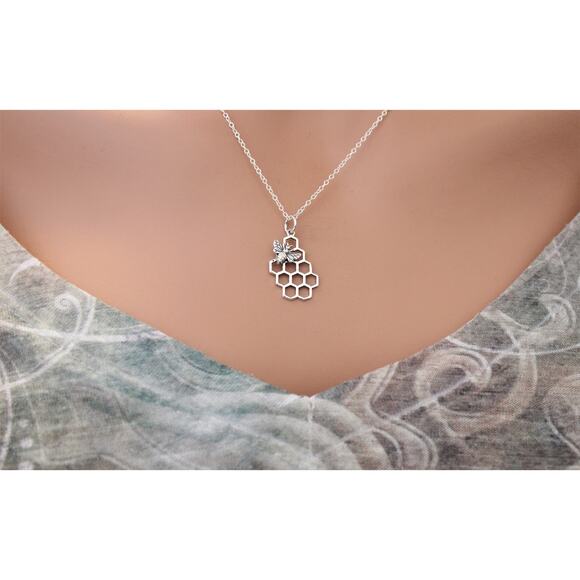 Sterling Silver Honey Bee Charm with Honeycomb Necklace - Picture 3 of 3